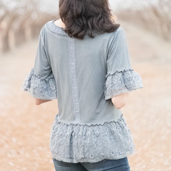 Vintage Style Lace Peplum String Tie Top In Ash - Picture 3 of 6